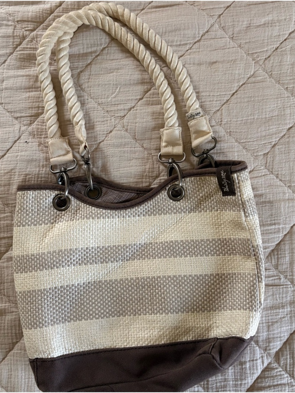 thirty-one Cream & Grey Striped Rope-Handle Tote